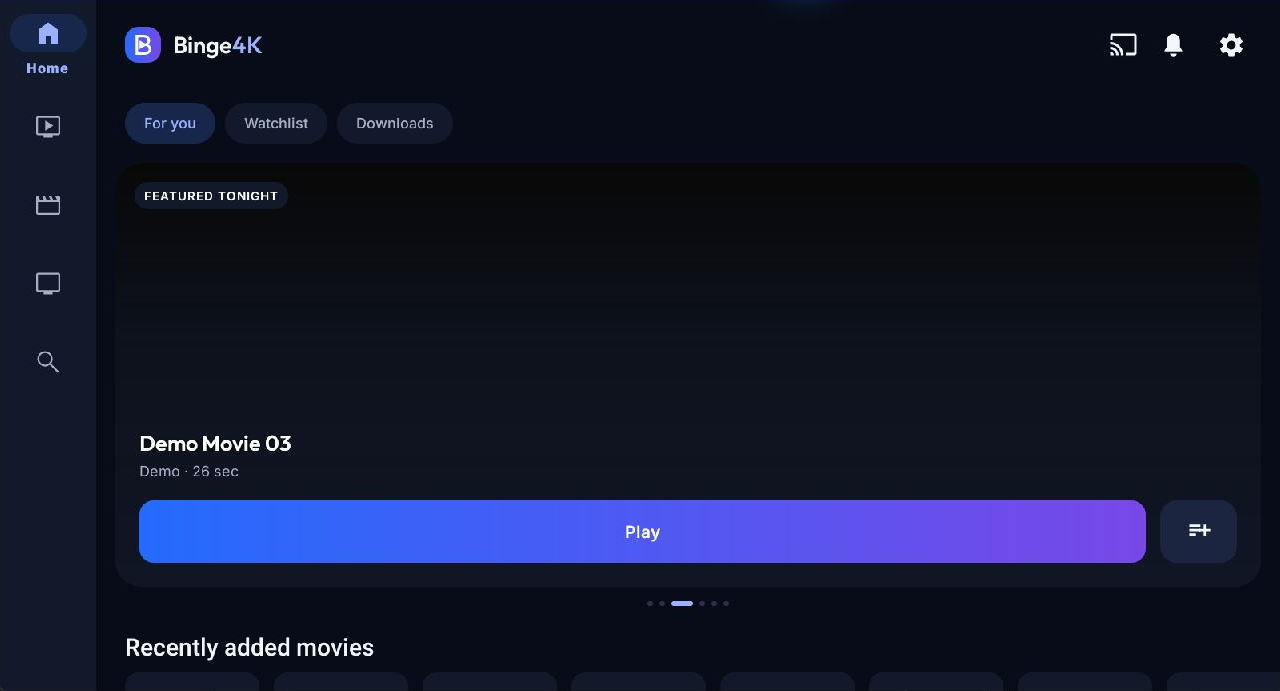 Binge4K Player running its clearly labelled demo library